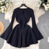 Elegant Pleated Knit Bell Sleeve Mini Dress (Ivory)