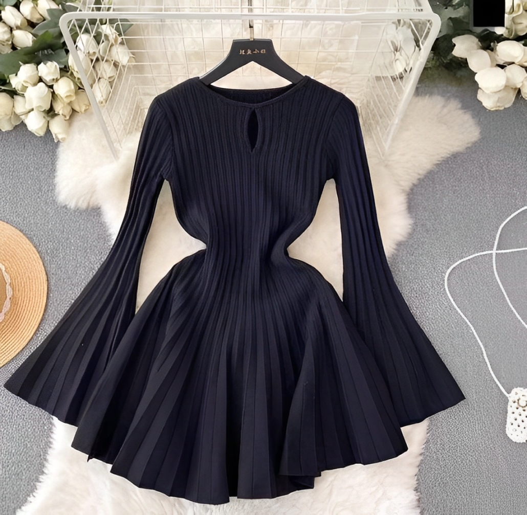 Elegant Pleated Knit Bell Sleeve Mini Dress (Ivory)