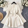 Elegant Pleated Knit Bell Sleeve Mini Dress (Ivory)