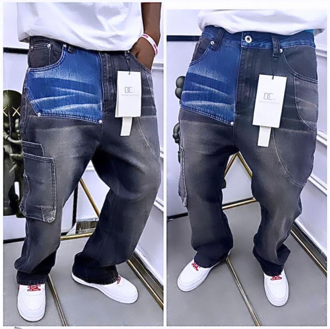 Men Two-Tone Patchwork Baggy Jeans