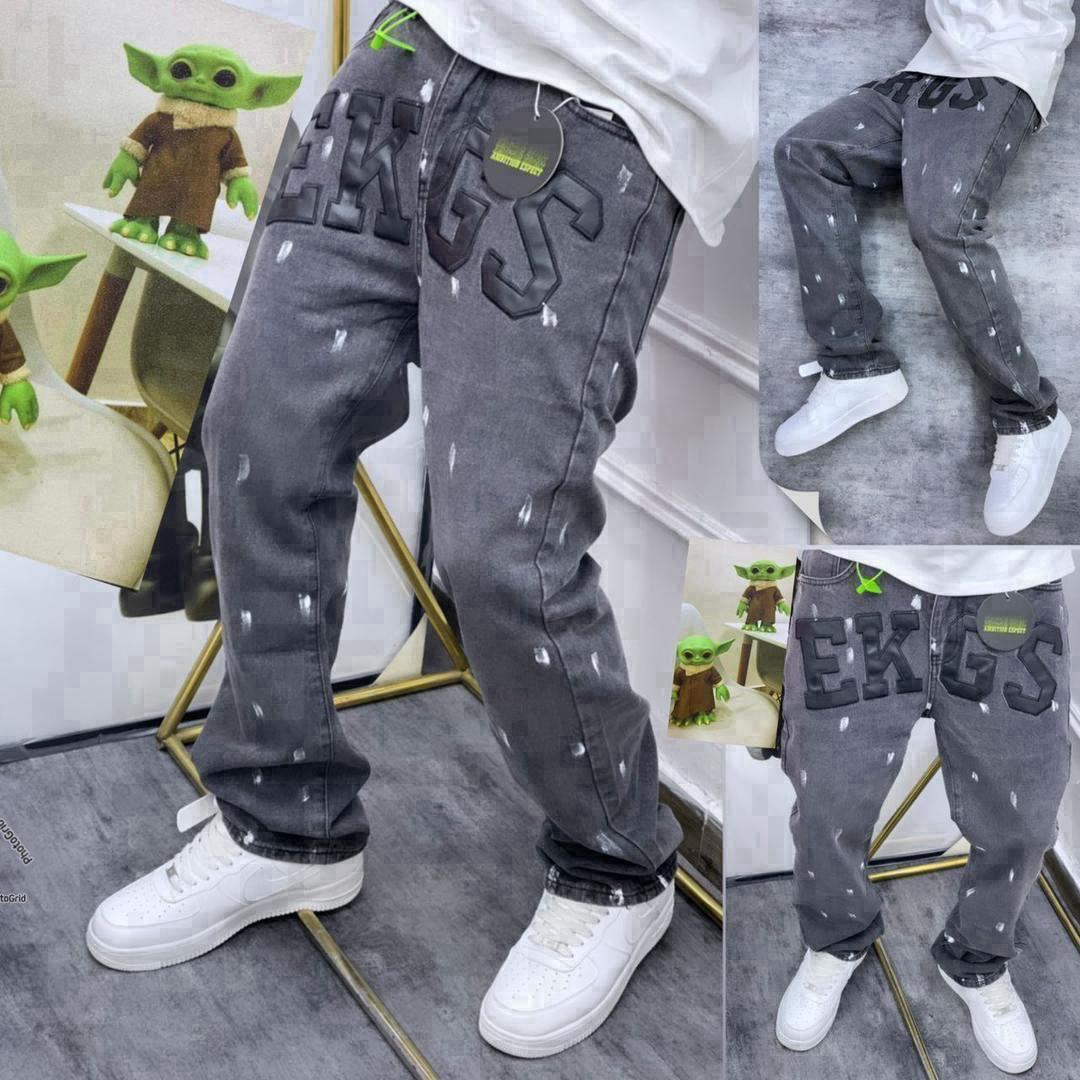 Men's Black Distressed baggy Jeans with Embossed Lettering