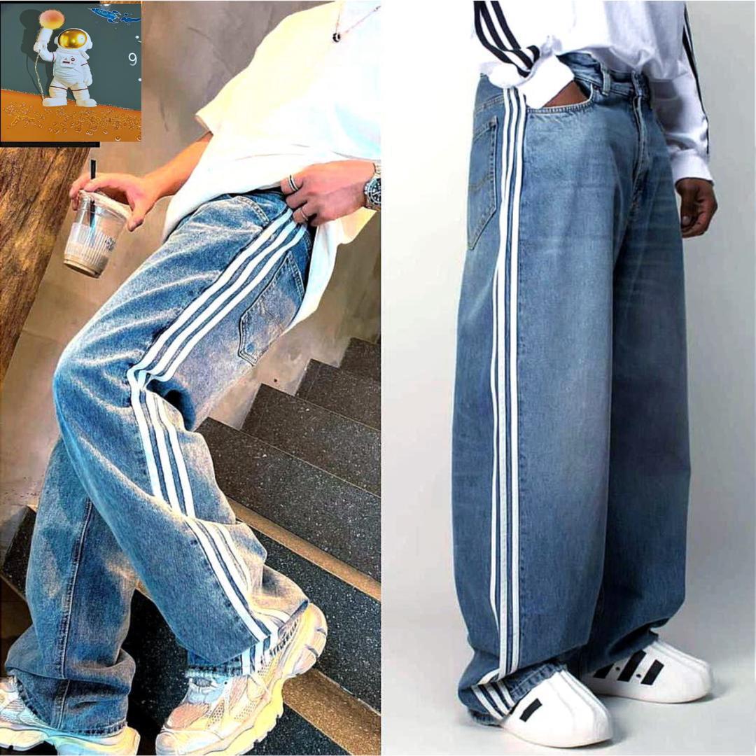 Men's Wide-Leg Denim Jeans with Side Stripes