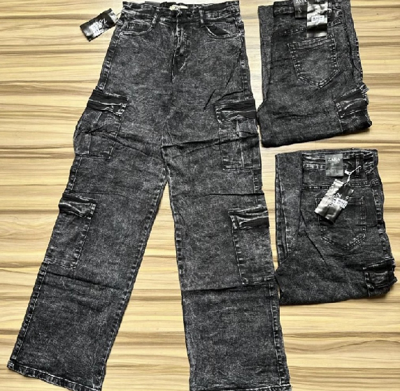 Black Acid Wash Cargo Jeans