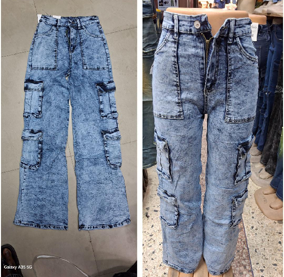 Blue Acid Wash Cargo Jeans