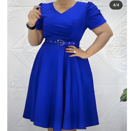 Elegant Royal Blue Belted Midi Dress