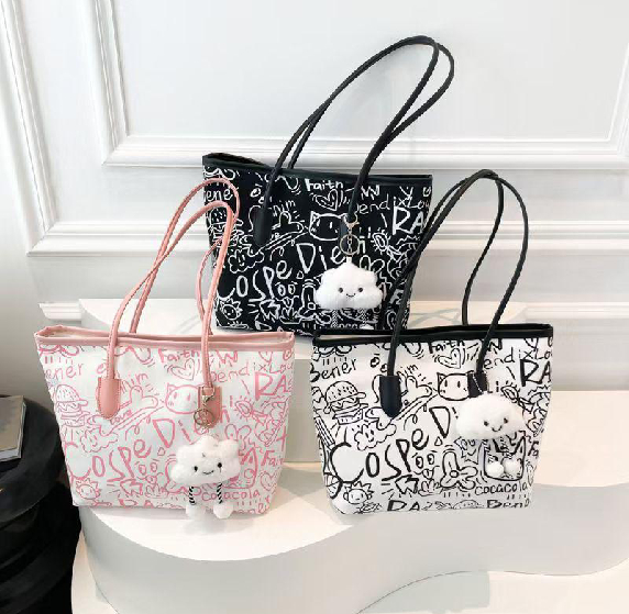 Graffiti Print Canvas Tote Bags with Cloud Charm