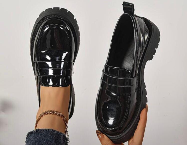 Women Black Patent Leather Chunky Loafers