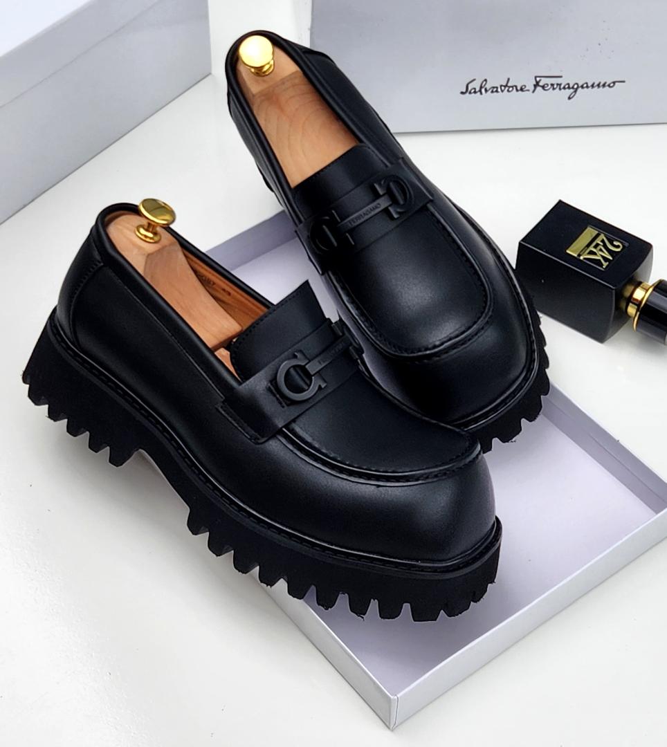 Men Ferragamo Inspired Black Lug Sole Loafers