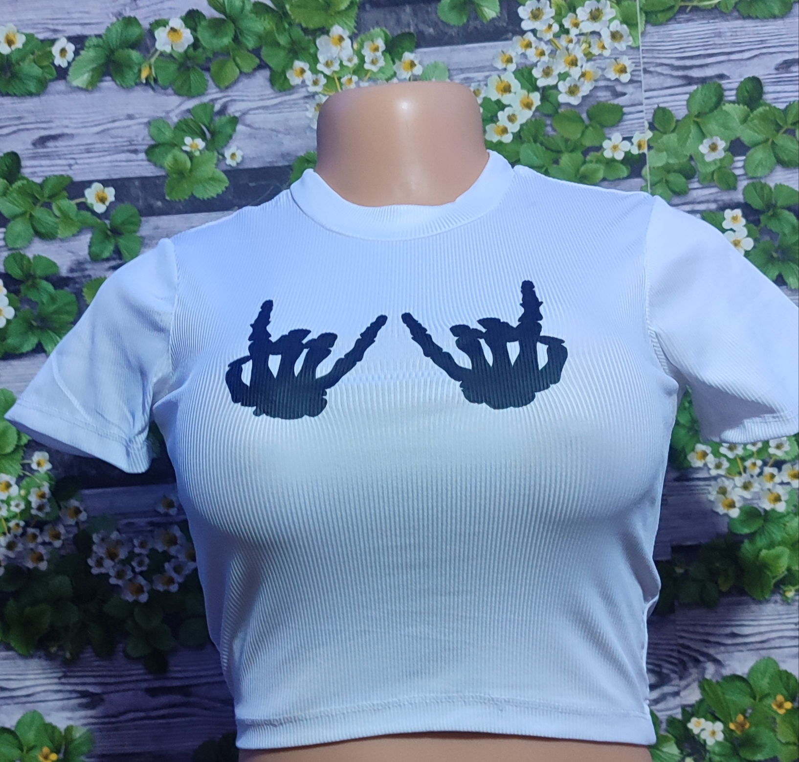 White Ribbed Skeleton Hands Crop Top