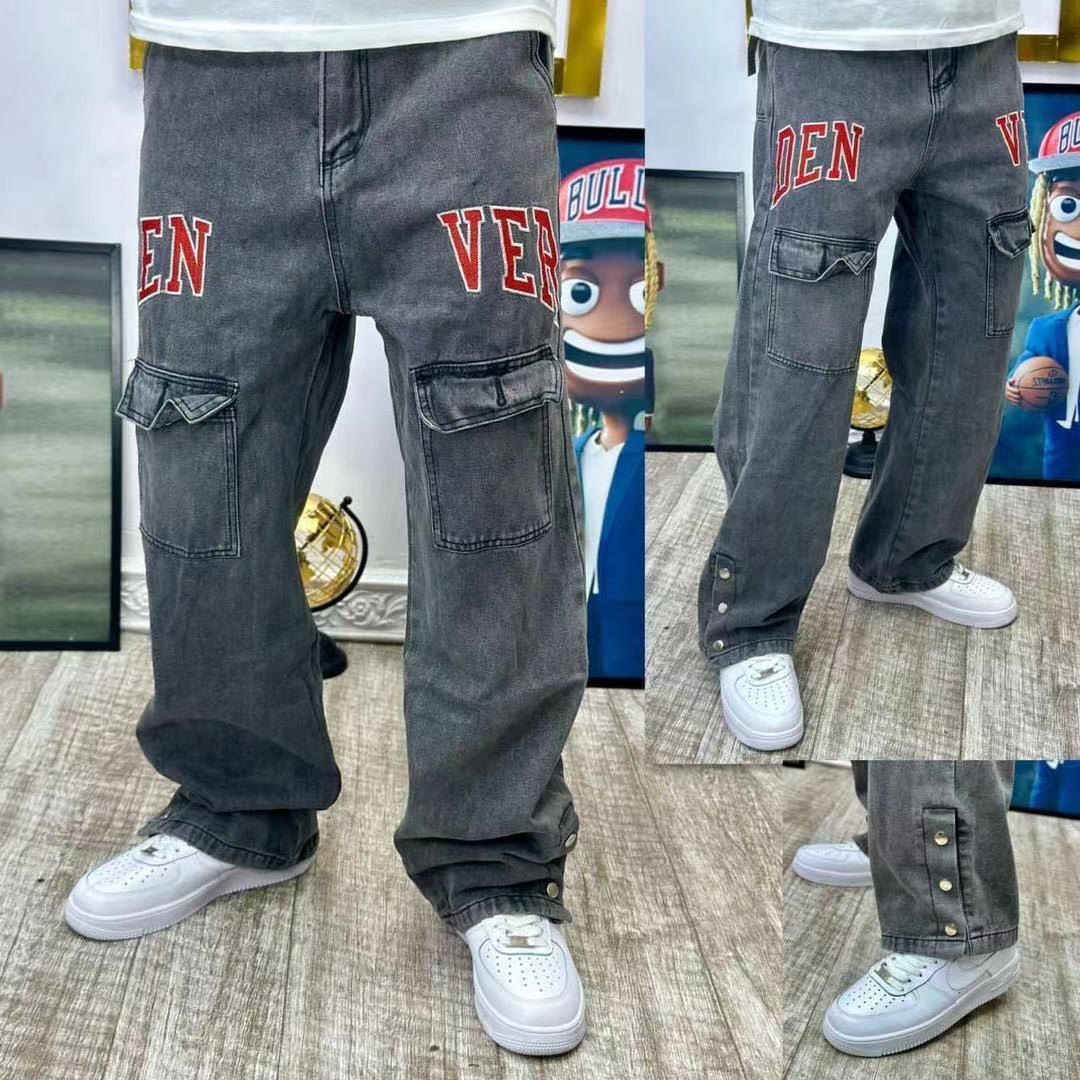 Grey Washed Cargo Jeans with Red Lettering