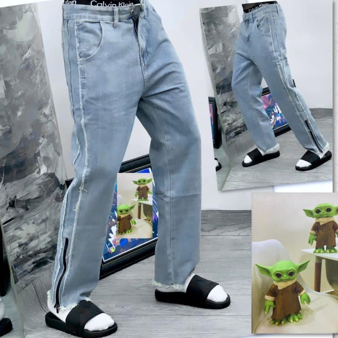 Men's Light Wash Denim Jeans with Side Zippers and Frayed Hems