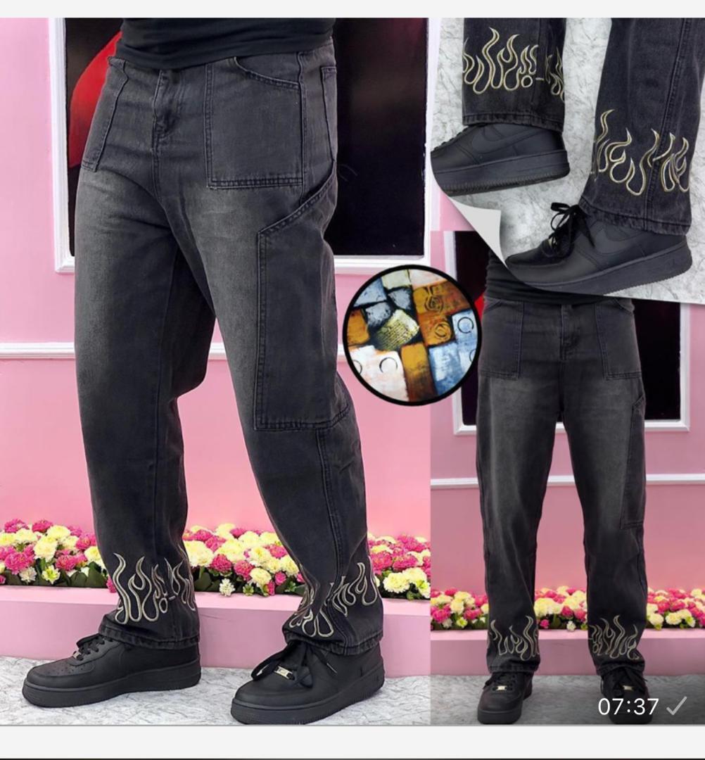 Men Embroidered Flame Detail Black Jeans