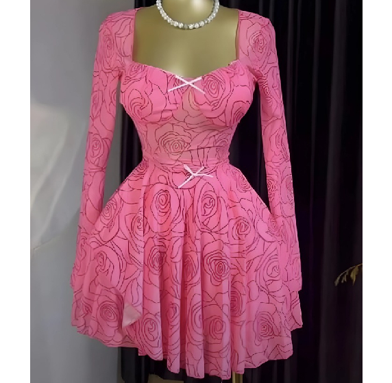 Pink Rose Print Mesh Mini Dress
