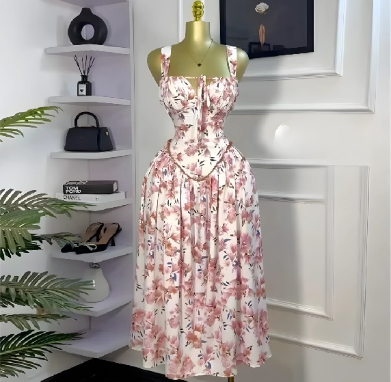 White Floral Print Corset-Style Midi Dress