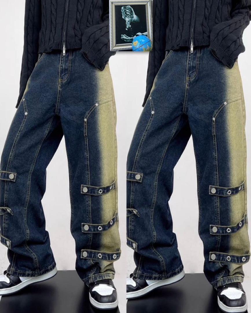 Two-Tone Faded Buckle Strap Baggy Jeans