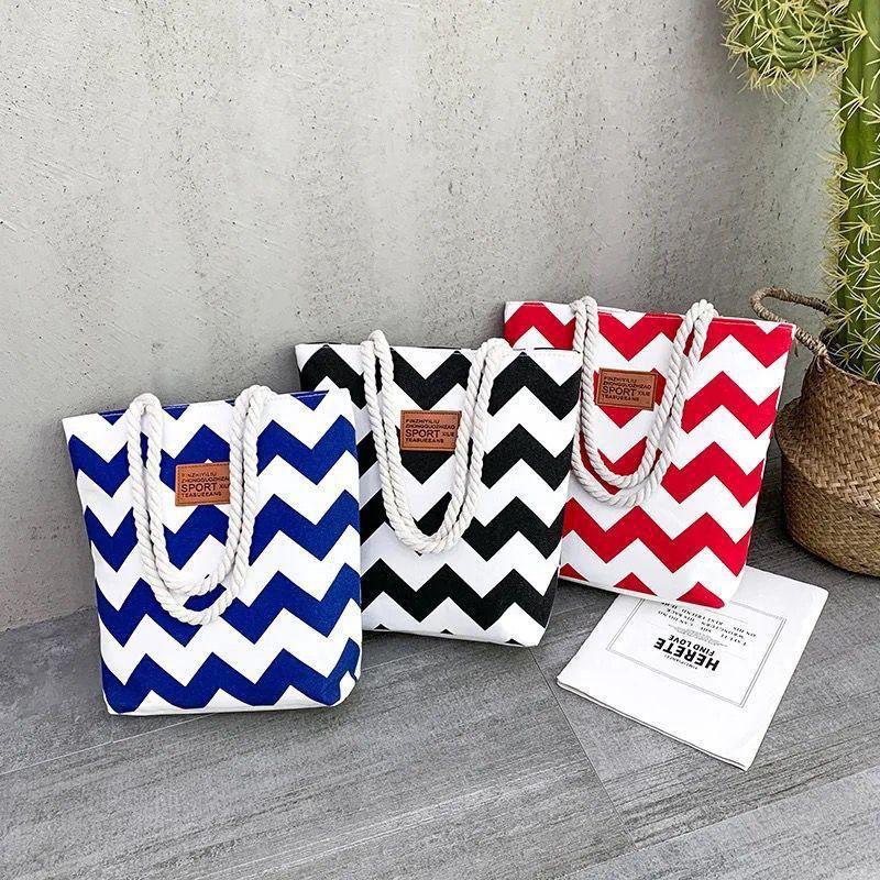 Chevron Pattern Canvas Tote Bag with Rope Handles
