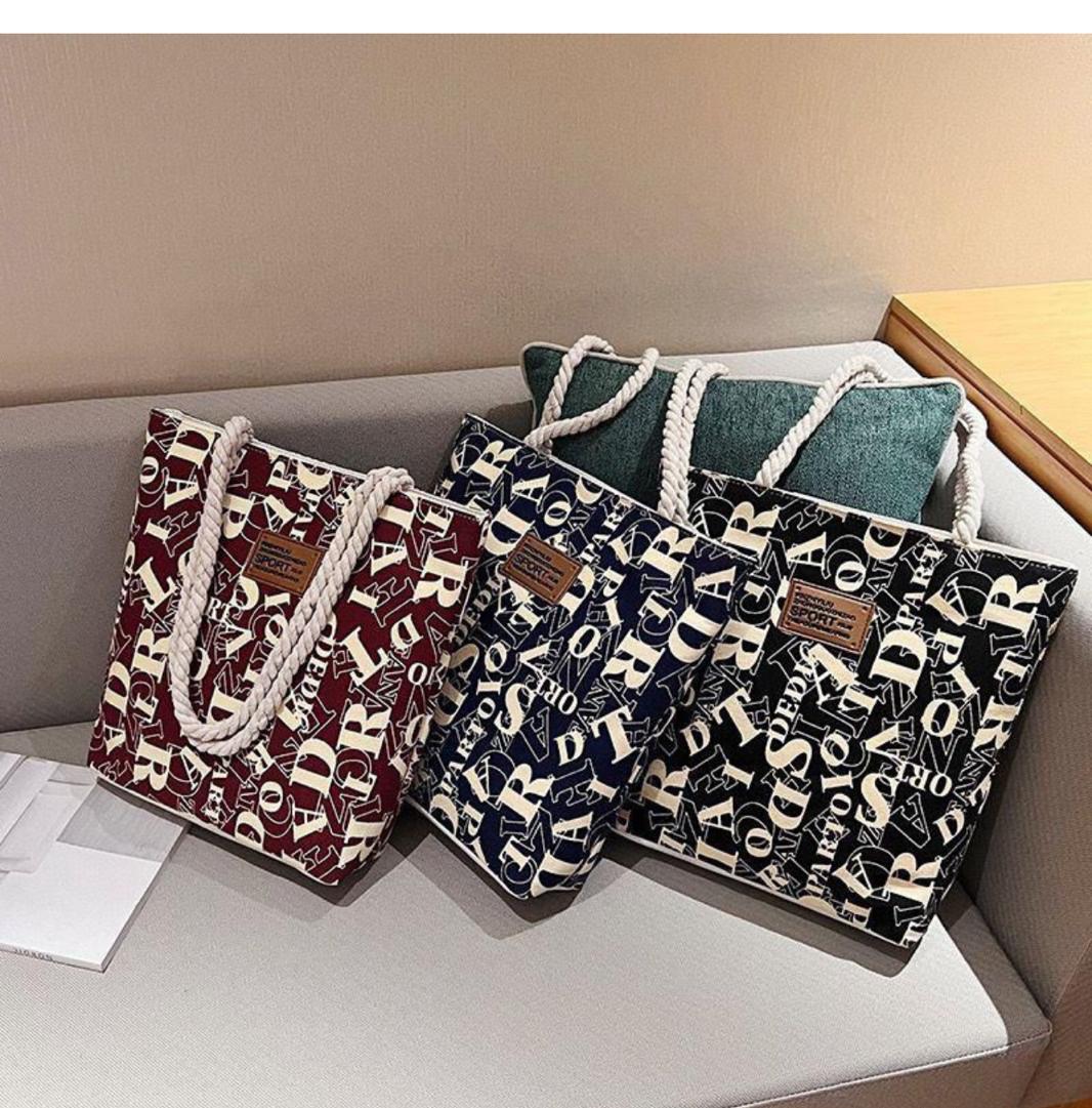 Allover Letter Print Canvas Tote Bag with Rope Handles