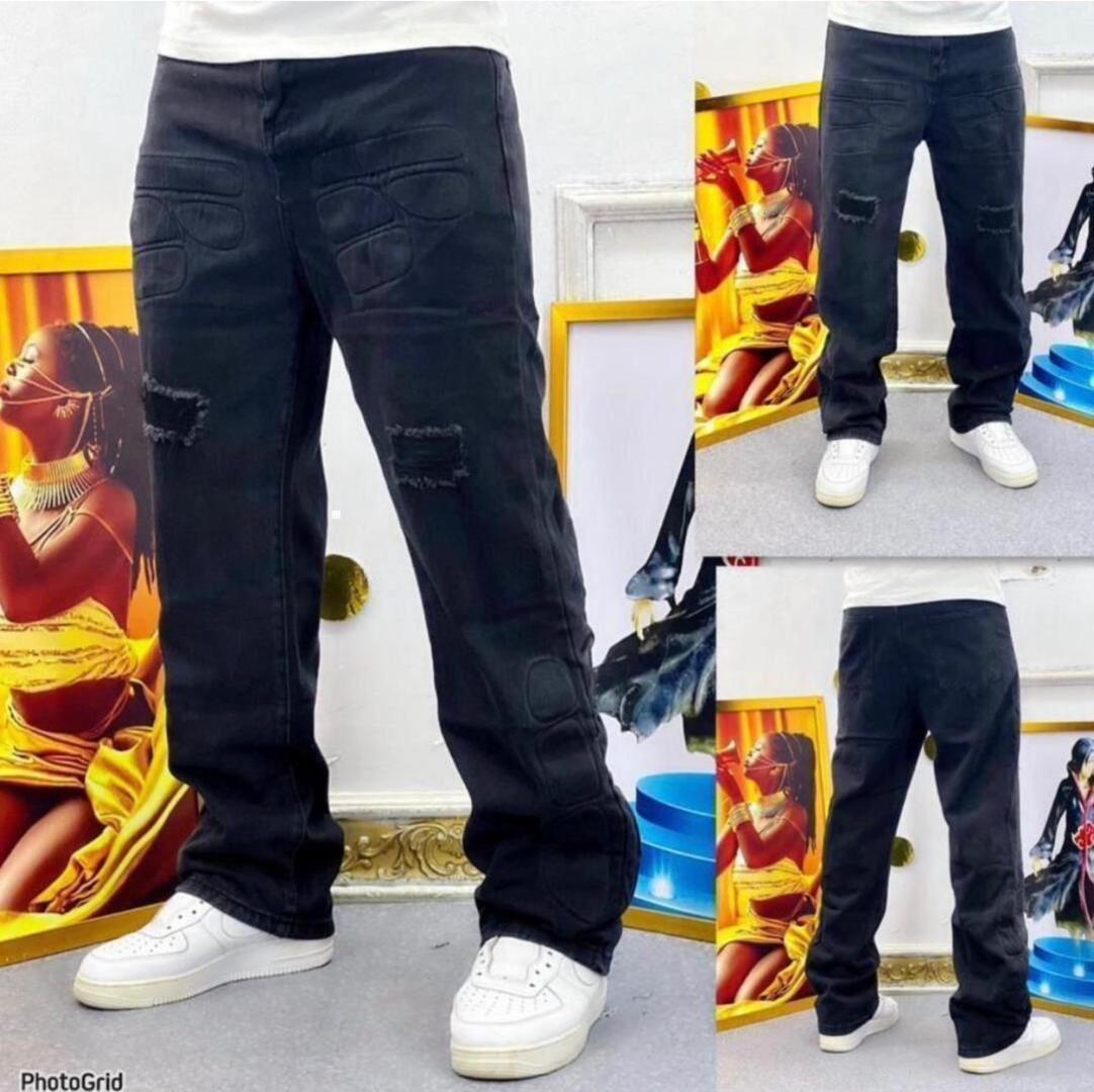 Men's Washed Black Distressed Straight Leg Jeans