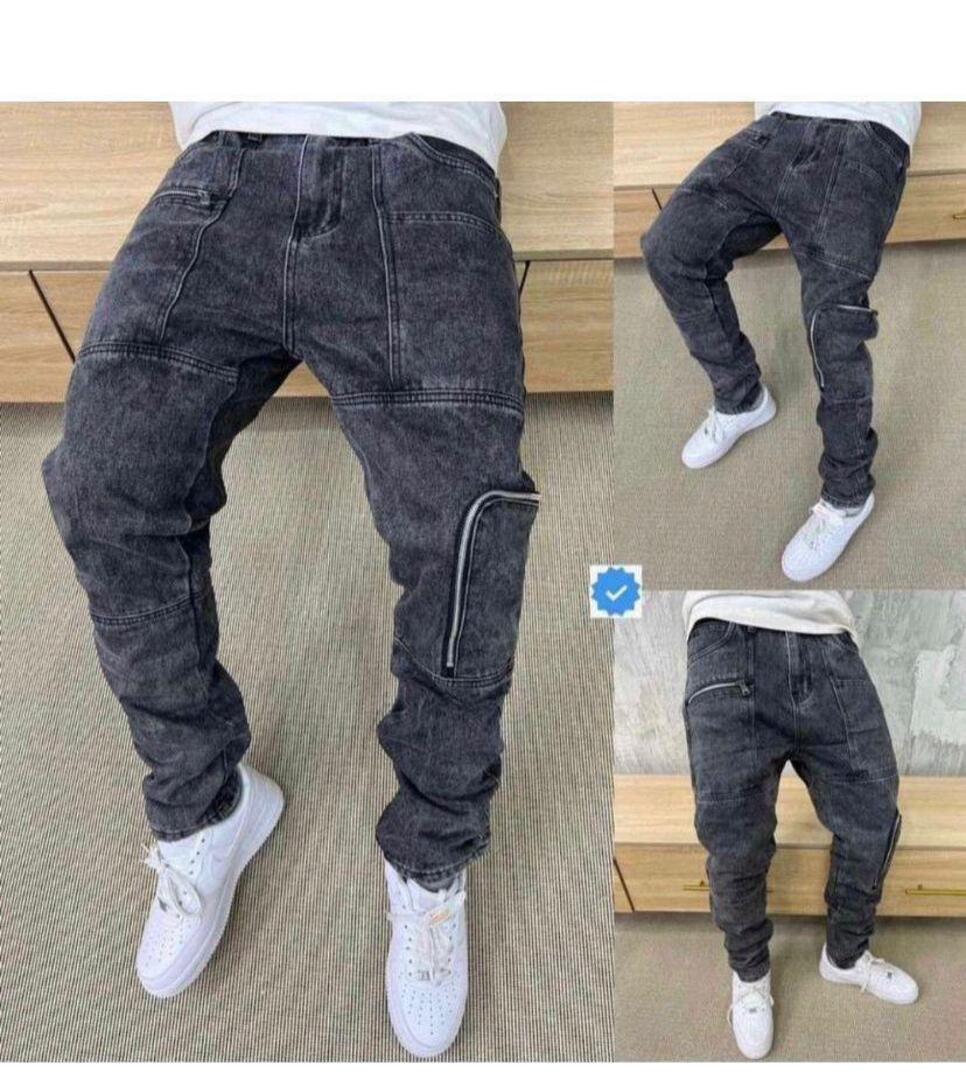 Men's Washed Black Zipper Detail Slim Fit Cargo Jeans