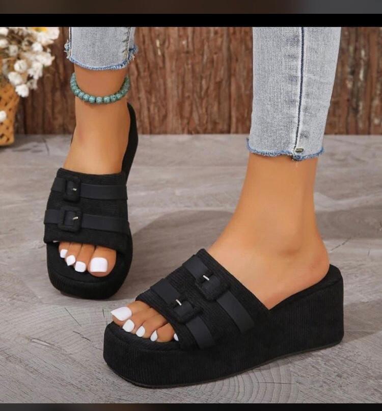 Black Buckled Platform Wedge Slides